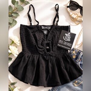 Miss Chievous Black Smocked Peplum Top Size Small NWT